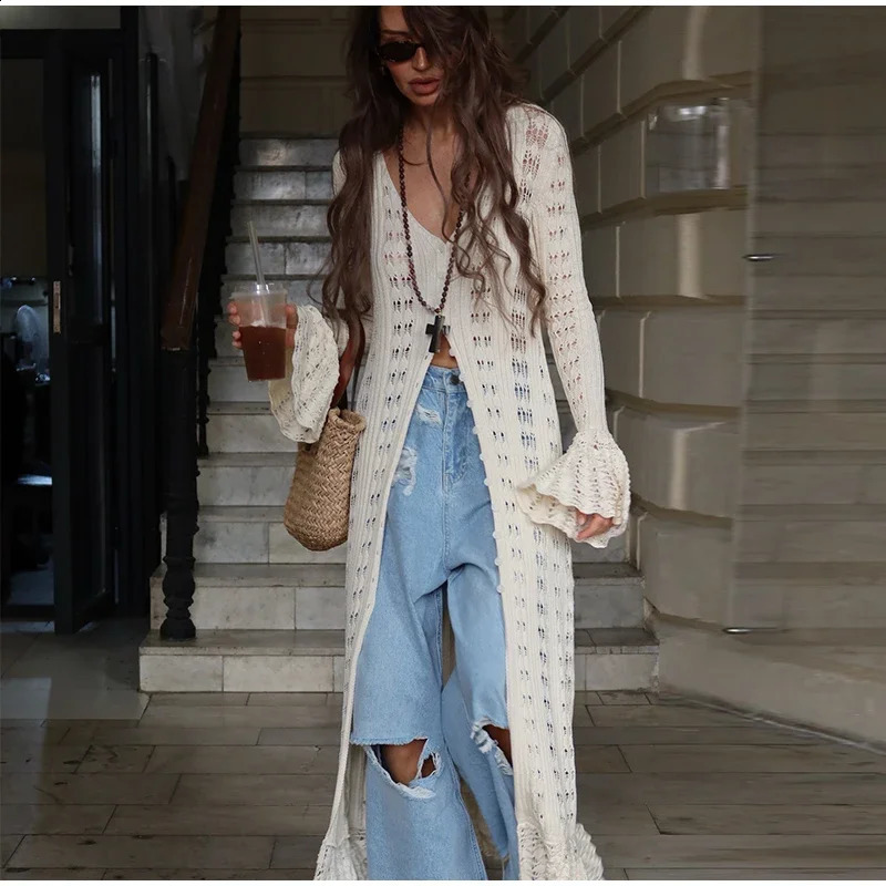 Elegant Knitted Hollow Out Long Dress Women Beach Ruffle Single-breasted Flare Sleeve Cardigan Robe Female Fashion Solid Dresses 250805