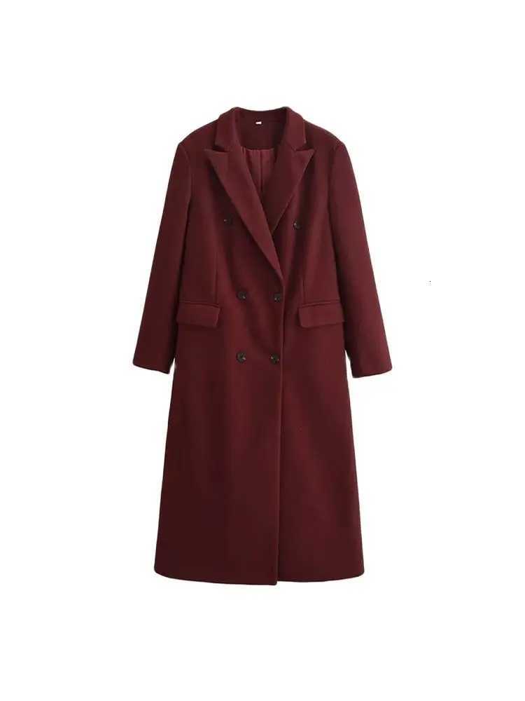 2024-Double Breasted Woolen Trench Coat for Women Long Sleeve Flap Pockets Female Outerwear Chic Overcoat Fashion Z250813