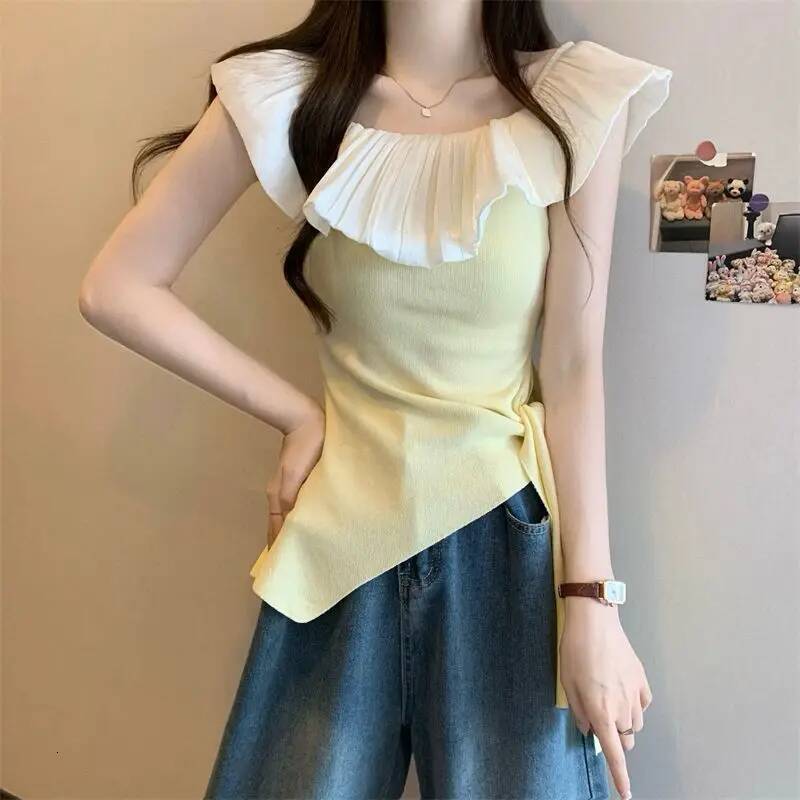 2025 Summer Fashion Casual Patch Color blocked design Slant Neck Women's Full Match Temperament Short Sleeve Slimming Top T-shirt Designer Top