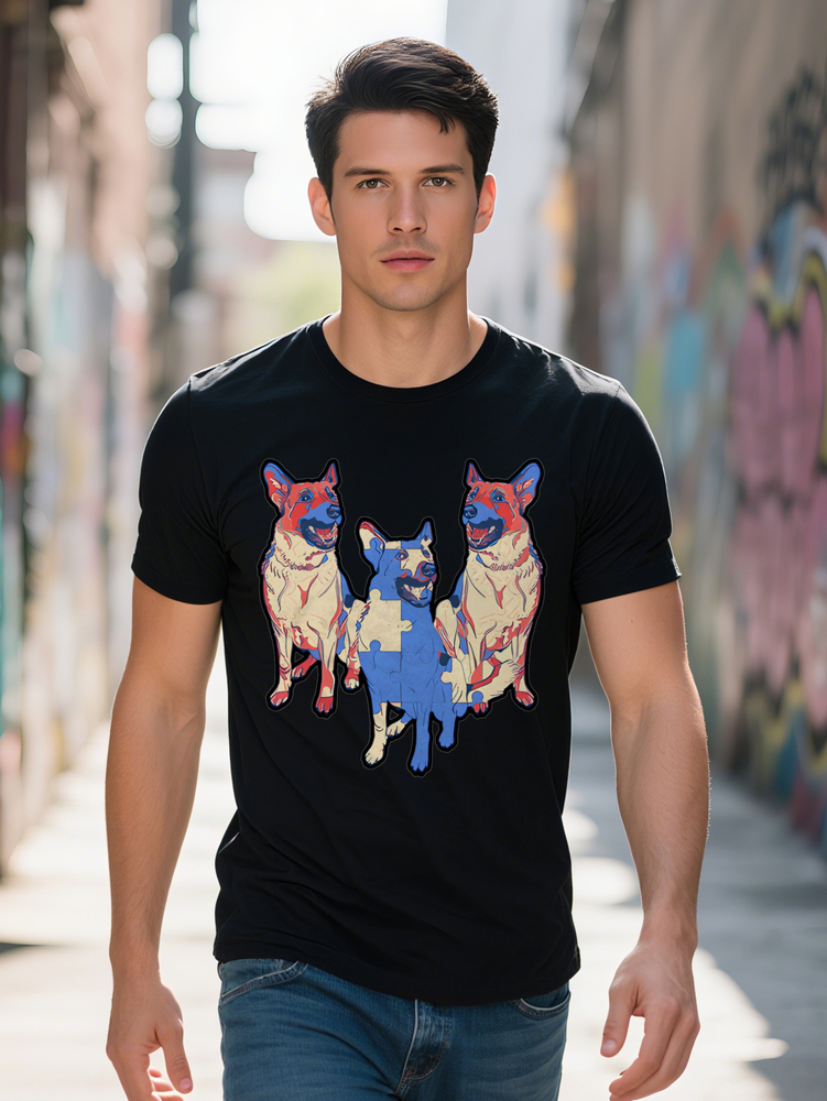 Casual Round Neck T-shirt Three Dogs Puzzle Print Pattern Top Men's Gift