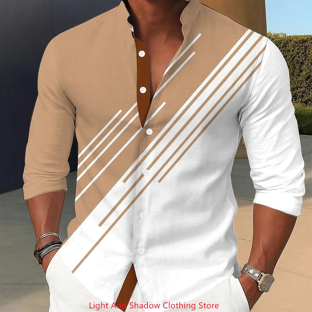 Mens stand up collar shirt geometric printed single breasted street fashion long sleeved mens clothing 250808