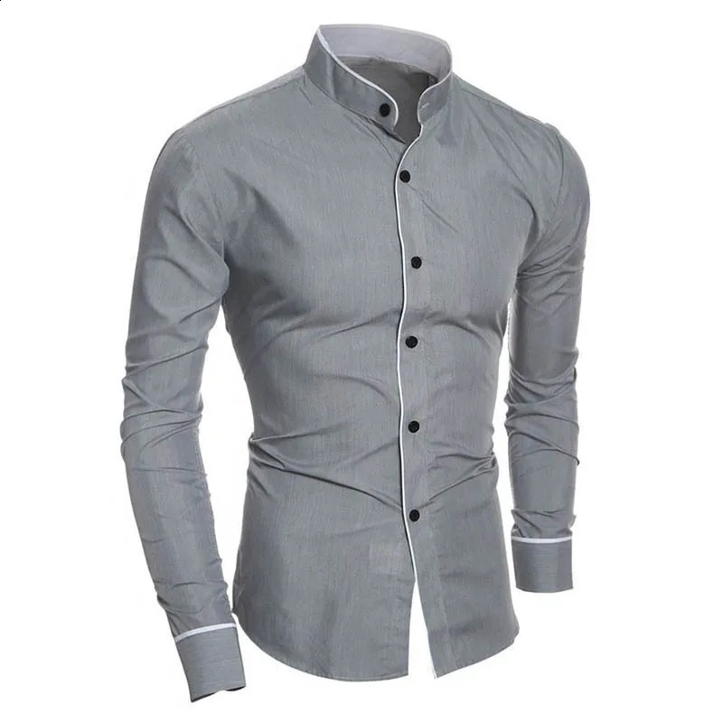 Mens slim classic solid color simple solid color block stand up collar shirt personality patchwork cardigan base shirt 250811