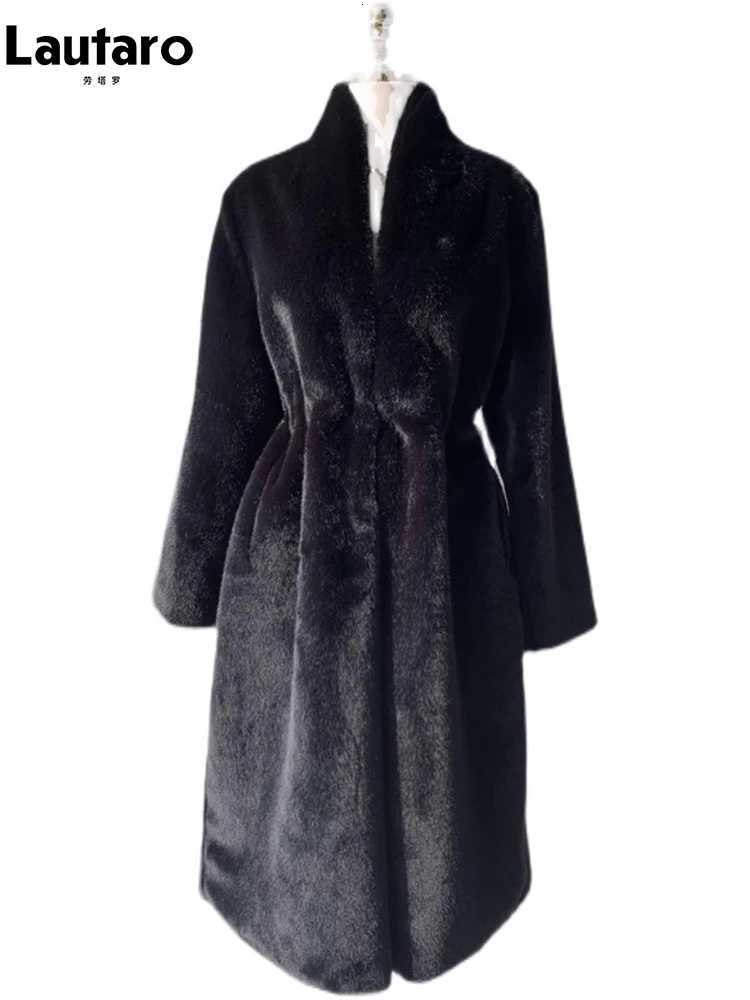 La Tarao Winter Long Black Elegant Stylish Thick Warm Fluffy Hairy Soft Faux Mink Fur Coat Women Stand Collar Sashes 2023 Z250813