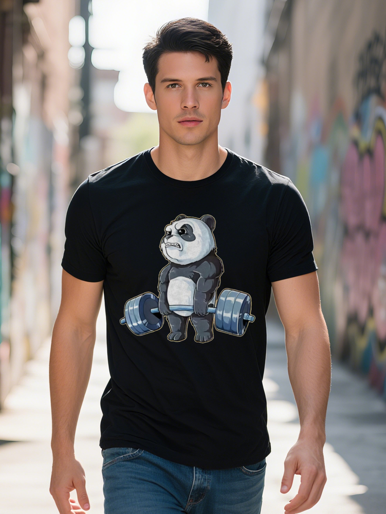 2024 Casual Crew Neck T-Shirt with Adorable Panda Weightlifting Black Tee Perfect Summer for Men Men's Gift Playful
