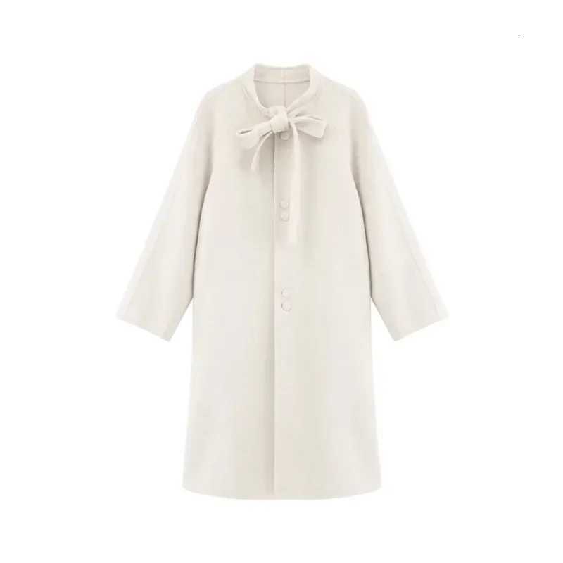 Vintage Bow Knot Double-Faced Wool Coat Women Casual Elegant Long Sleeve Overcoat Cozy and Warm Outerwear for Autumn and Winter Z250813