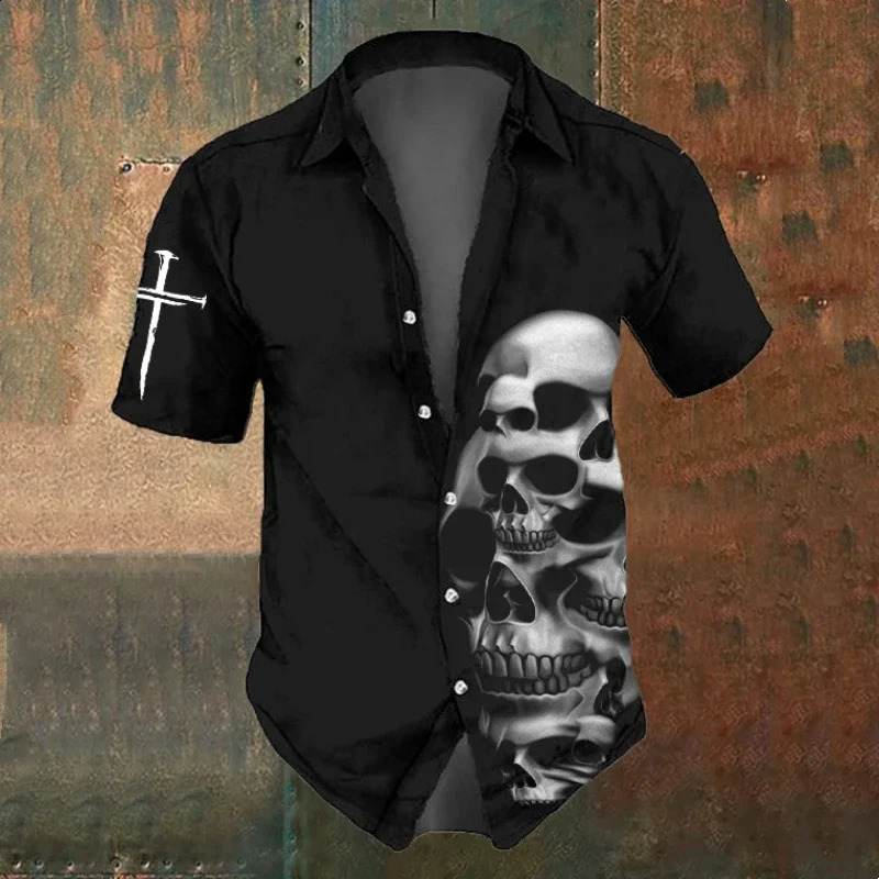 3d Skull Icon Print Hawaiian Short Sleeve Shirt For Men Shirts Retro Casual Black Man Loose Oversized TShirt 2025 250808