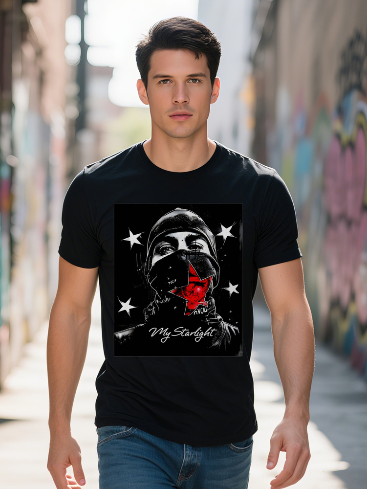 s Casual MY STARLIGHT Print with Balaclava Stars Design Black Crew Neck T-Shirt Summer Essential for Men 316e7