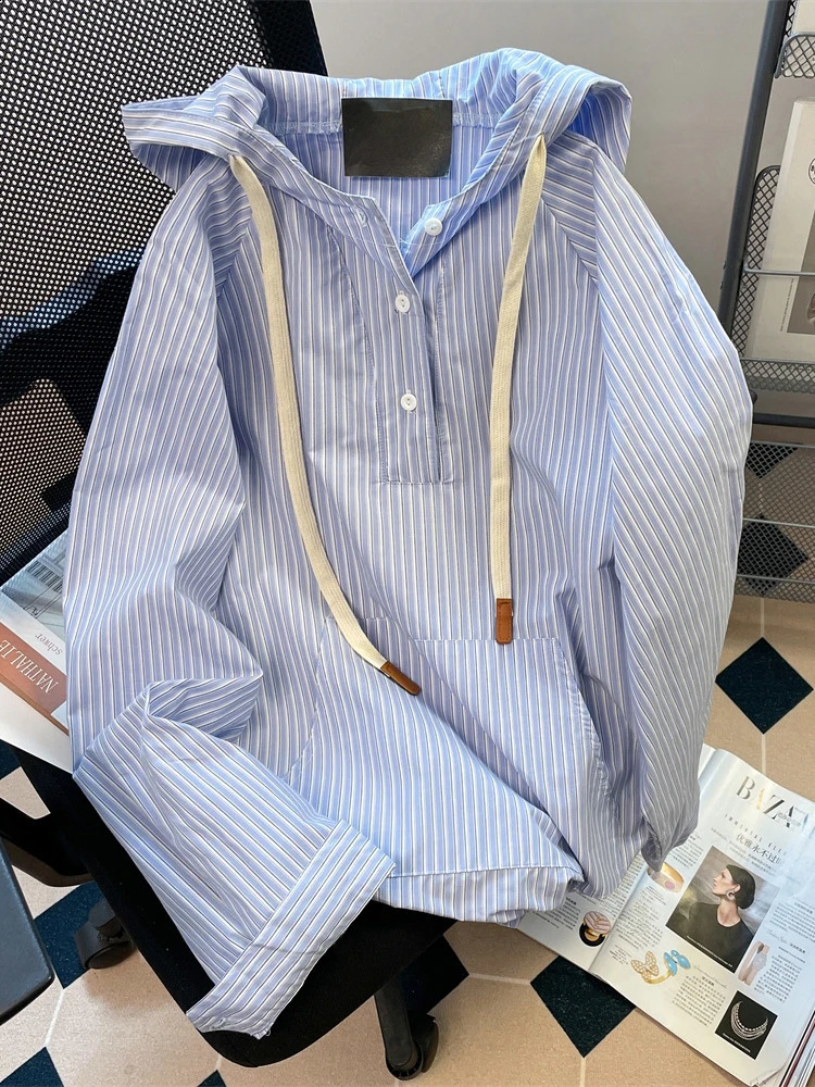 Japanese Style Blue Stripe Hooded Shirts Women Man Spring Autumn Long Sleeves Loose Casual Hoodies Vintage All-matched Coat Tops 250811