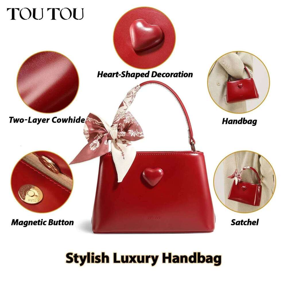 TOUTOU Women Handbag Cowhide Small Handheld Wedding Bride Daily Commuting Love One Shoulder Crossbody Red Bag Valentine Gift
