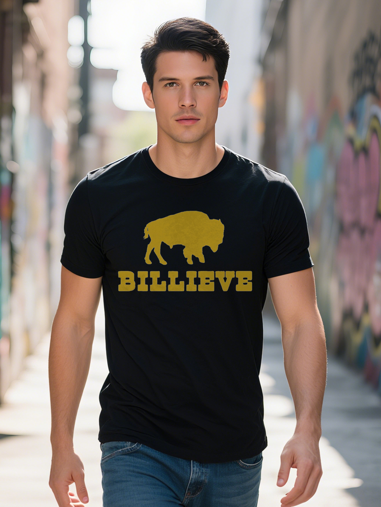 Men s Casual Crew Neck T Shirt Bison Graphic Print Black with Golden Billieve Design Lightweight Summer Essential