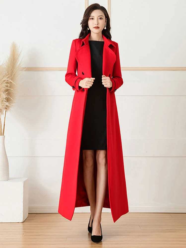 New Women Red Woolen Coat Autumn Winter Fashion Vintage Hepburn Style Double Breasted Belt Slim Long Wool Blends Tops Coat Z250813