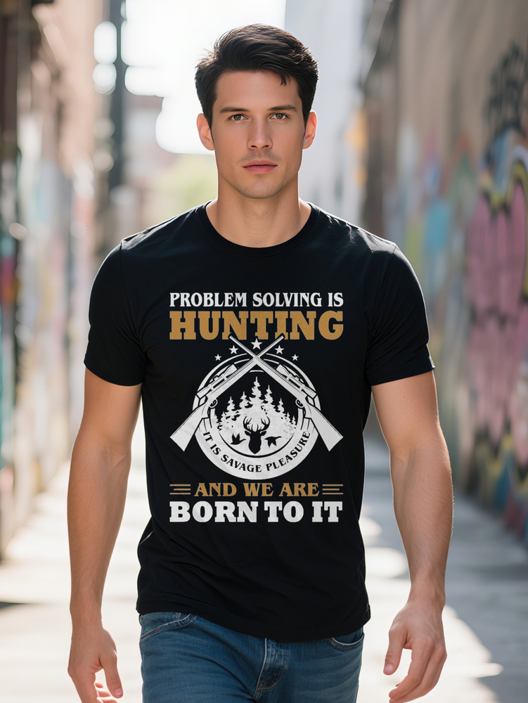 Casual Crew Neck T-Shirt with Problem Soving is Hunting Print Black Blend Regular Fit Summer Tee Men S Gift Everyday eb283
