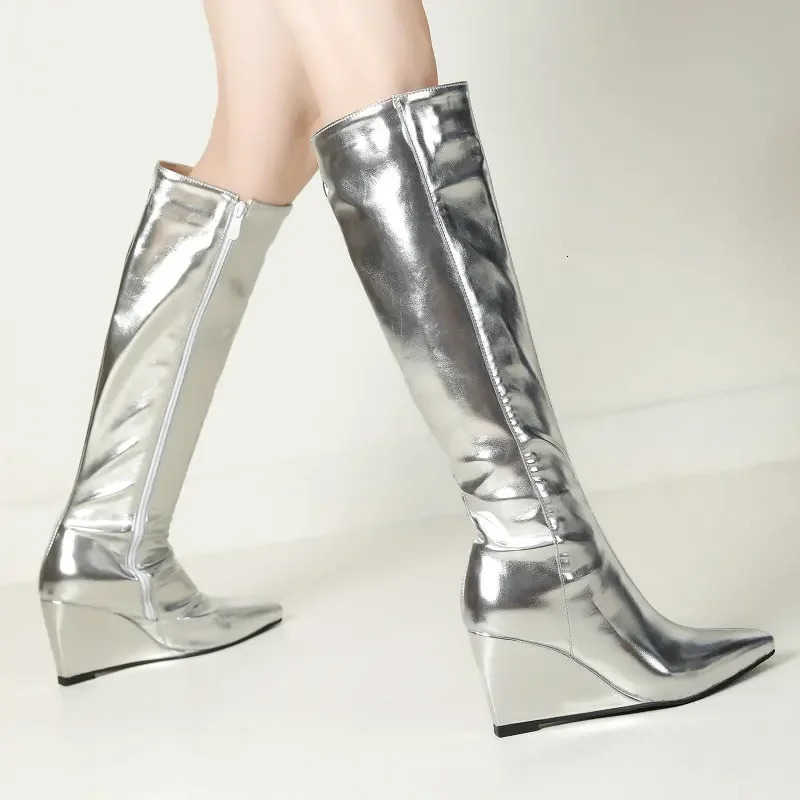 Metallic Golden Silver Pointed Toe Wedges High Heels Women Winter Fall Shoes Zipper Up Knee-high Stretch Sexy Shiny Boots 250812
