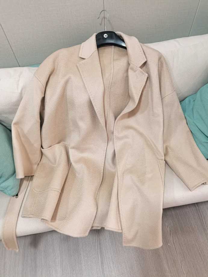 Autumn Winter Fashion Double-sided Cashmere Coat Women Thick Water Ripple Cropped Wool Coat Loose Lapel Neck with Belt Z250813