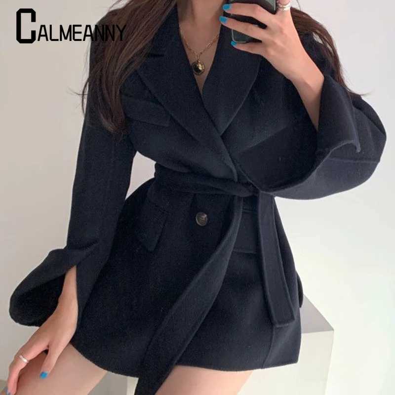 2023 Winter New Style Woolen Jacket Women Lace-up Chic Thick Blend Korean Edition Elegant Lapel Long Coats Ladies Office Trend Z250813
