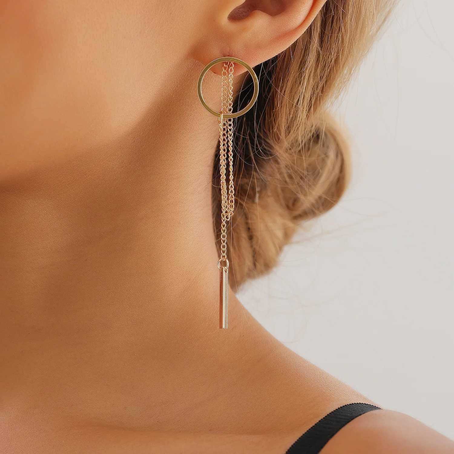 klorean Style Popular Design Long Earrings Hollow Circle Metal Black Round Pendants Geometric Tassel Hanging Earring Y250812