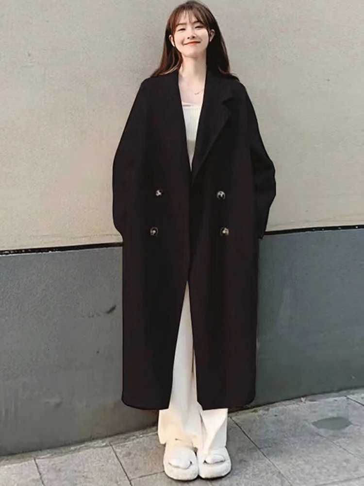 Warm Mid Length Loose Wool Blend Coat Korean Women New Unlined Overcoat Fall Winter Solid Double Breasted Parka Jacket Z250813