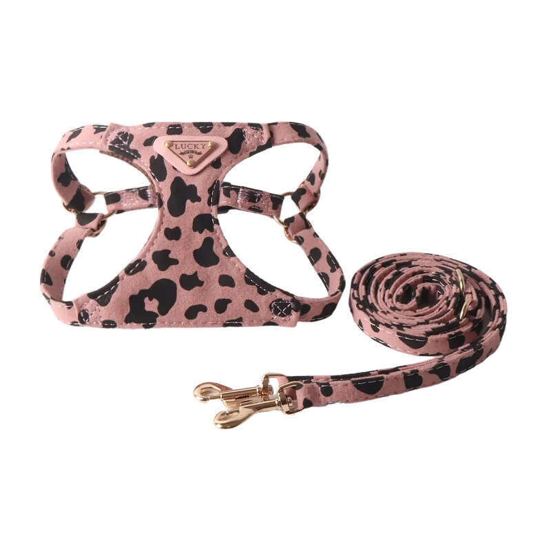 Jinjite New Cow Pattern Triangle Nameplate Harness Set Double Hook Leash for Small and Medium Dogs Vest