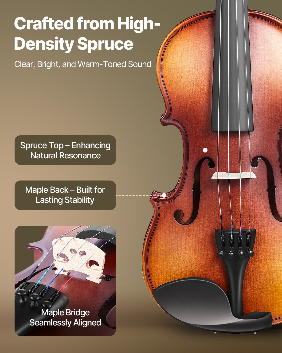 Violin 1/2 Size Fiddle Set Solidwood for Beginners with Case Rosin Brown