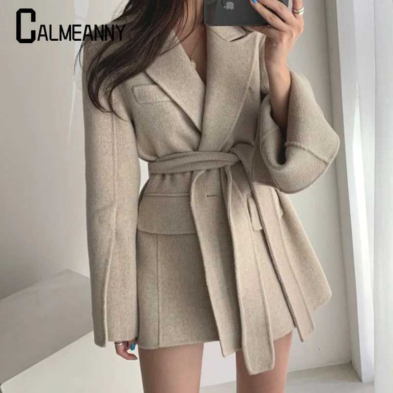 2023 Winter New Style Woolen Jacket Women Lace-up Chic Thick Blend Korean Edition Elegant Lapel Long Coats Ladies Office Trend Z250813