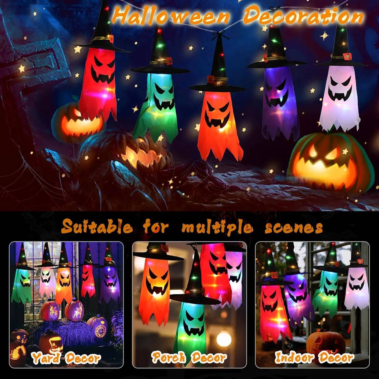 Decorations Outdoor 5 PCS Hanging Halloween Lighted Glowing Ghost Witch Hat with LED String Lights for Party Garden ddmynov