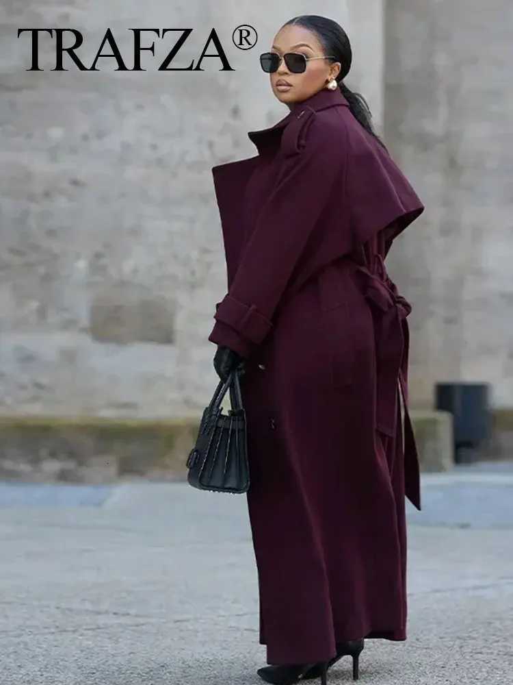 TRAFZA Women Elegant Wine Red Woolen Coat With Belt Lapel Full Sleeve Double Breasted Lady Overcoat Autumn Winter Female Outerwear Z250813