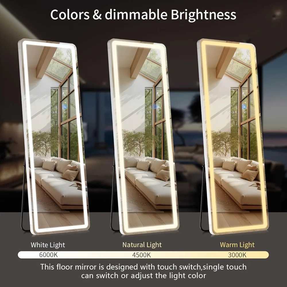 LED Full Length Mirror 63x20 Floor Mirror with Rounded Corners Dimmable Lights - 3 Color Modes Full Body Mirror Stand H250813