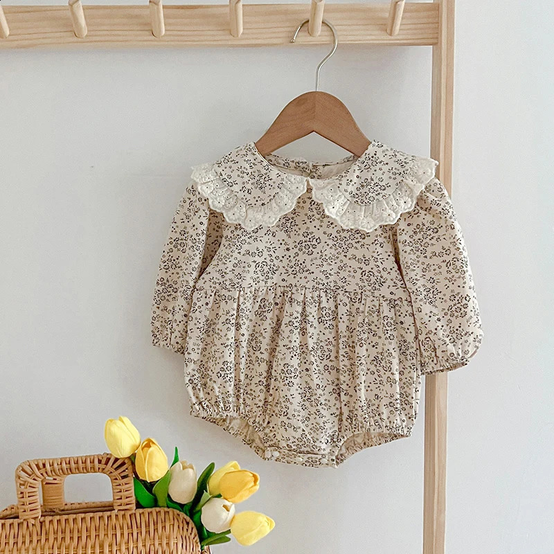 Autumn Cute Overalls Baby Girl Lace Ruffle Romper 024M Flower Cotton Girls Spring Fashion Clothes 250812