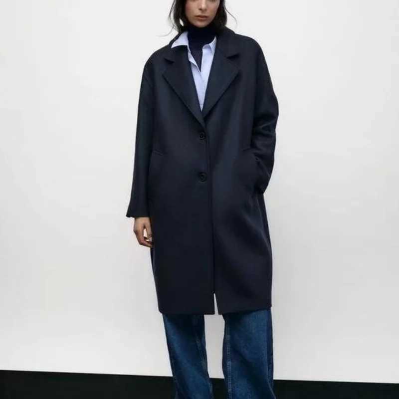 European and American style new style fashion versatile lapel single-breasted long woolen coat Z250813