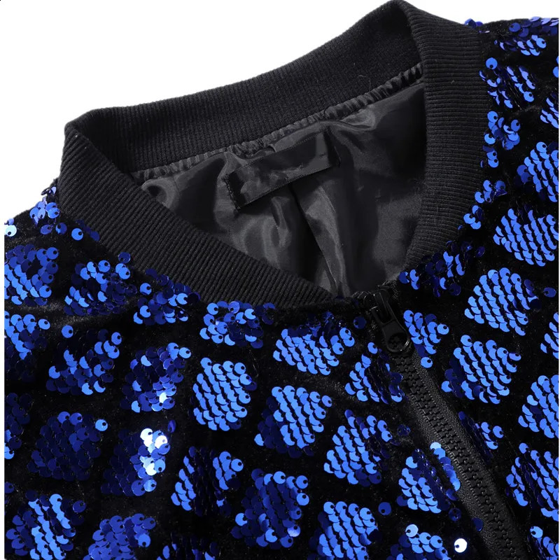 Blue Mens Sequins Long Sleeve Jacket Baseball Collar Zipper Casual Coats Stylish Rib Sleeve Tops European Size S-XXL 250812