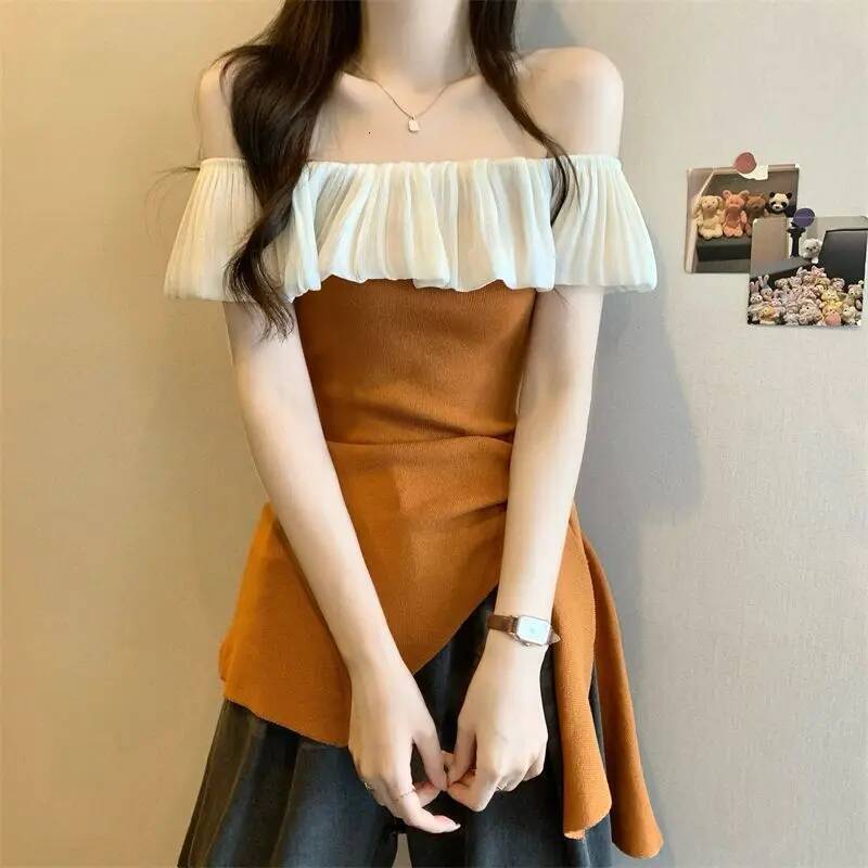 2025 Summer Fashion Casual Patch Color blocked design Slant Neck Women's Full Match Temperament Short Sleeve Slimming Top T-shirt Designer Top