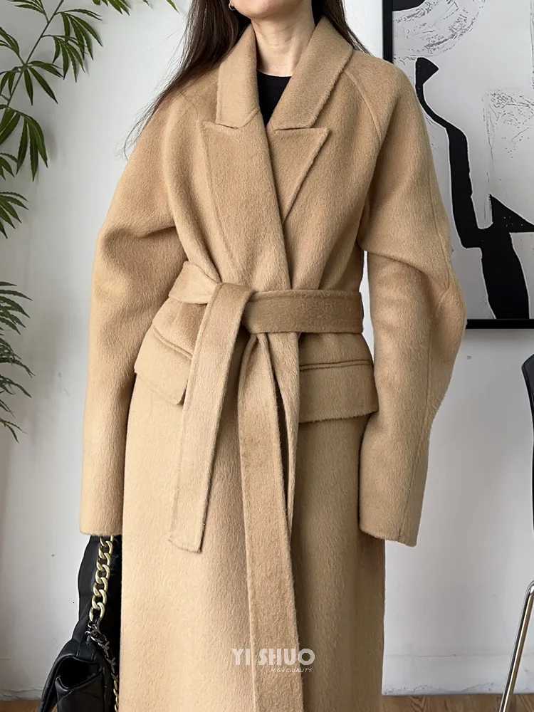 Korean Gray Double-sided Wool Cashmere Long Coat Suit Collar Lace Up Woolen Overcoat for Women in Winter and Autumn Z250813