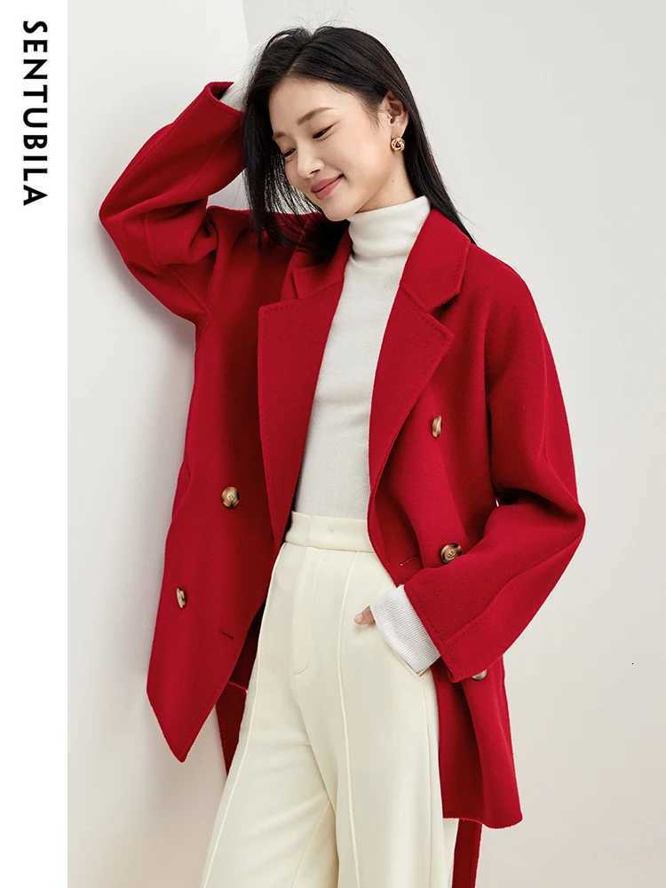 SENTUBILA Red Wool Wrap Coats for Women 2024 Winter Clothes Double Faced 100% Wool Loose Warm Jacket Female Outerwear W44O58458X Z250813