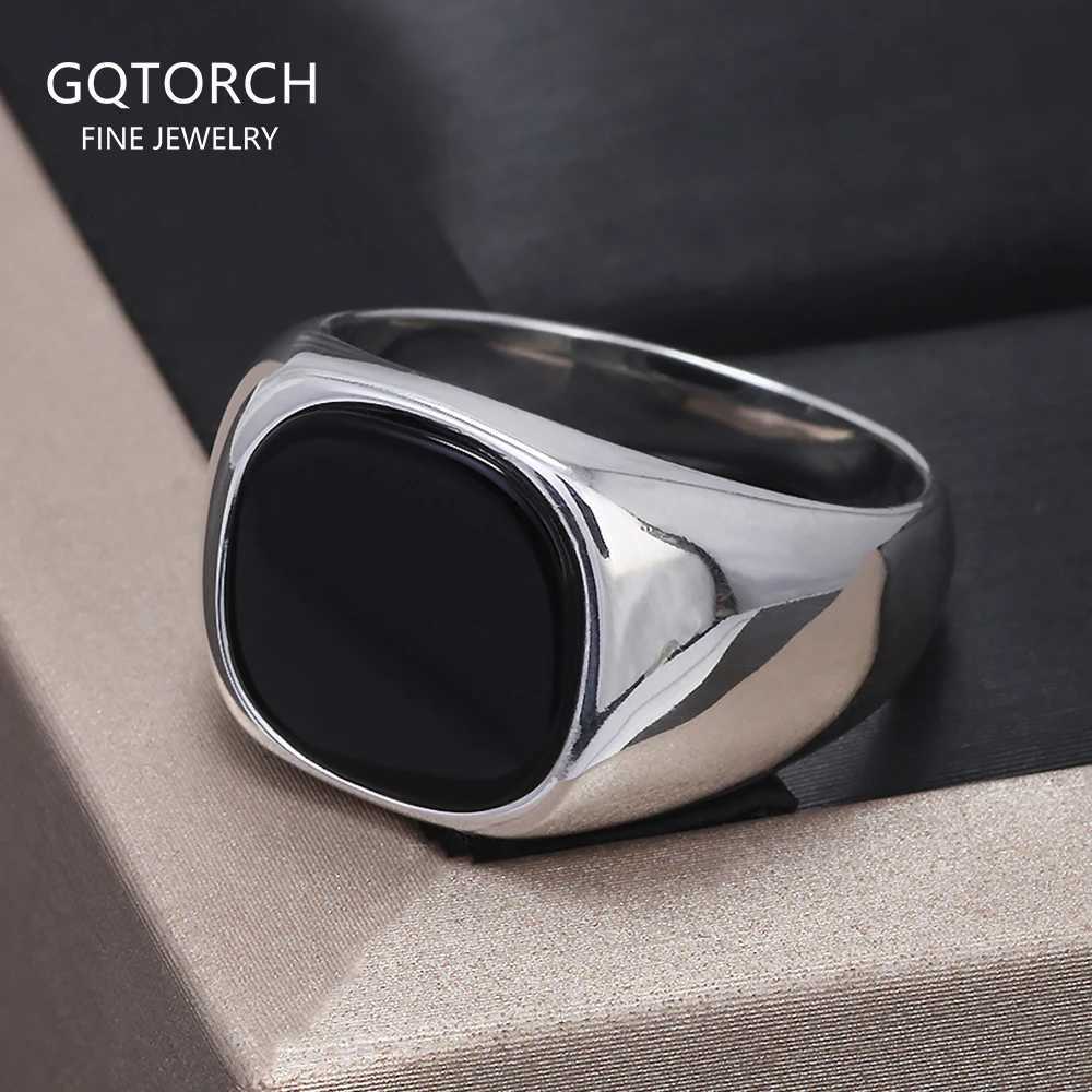 925 Sterling Silver Black Onyx Signet Ring for Men Trendy Retro Smooth Punk Rock Party Jewelry Pinky Ring Wedding Accessories W250812