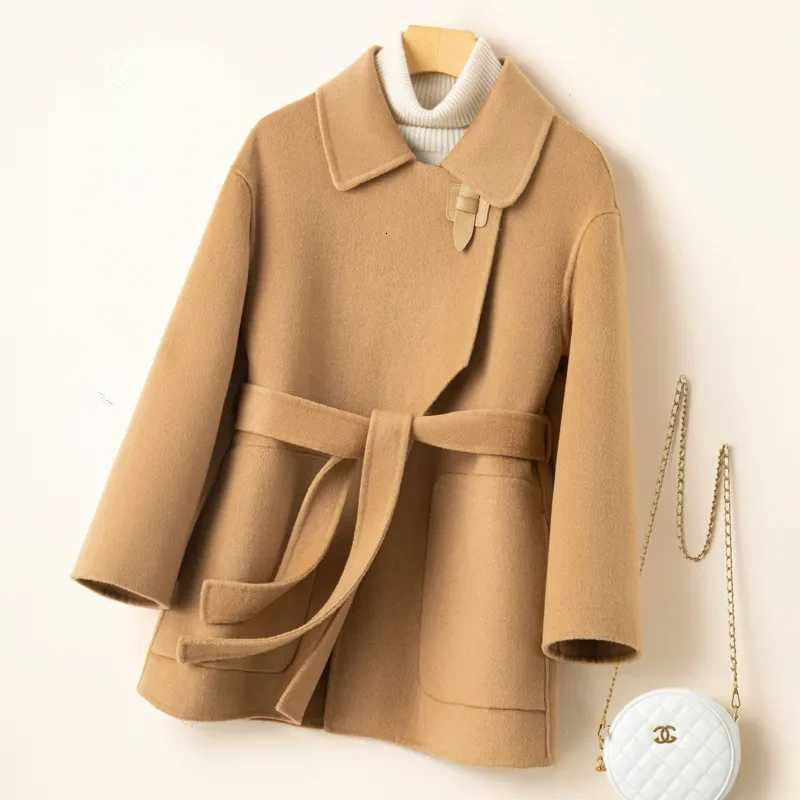 Autumn Winter New Double-Sided Cashmere Coat Women Fashion Doll Collar Leather Buckle Loose Lace-uUp Woolen Jacket Female T1494 Z250813
