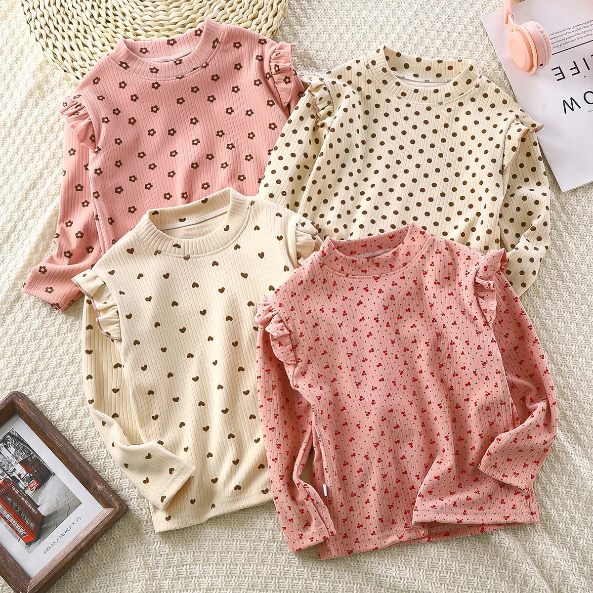 Girls Autumn Floral Bottoming Shirt Flying Sleeves Tshirt Little Girl Wild Net Red Baby Kids 250812