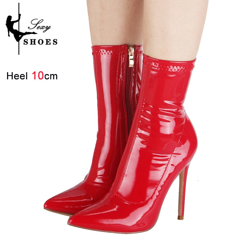 Pointed Toe White 10CM 12cm Women Ankle Boots Side Zipper Thin Heels Short Boot Glossy Patent Leather High Heels Office Shoes 250812