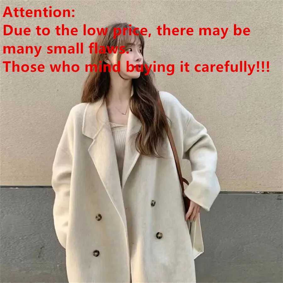 Warm Mid Length Loose Wool Blend Coat Korean Women New Unlined Overcoat Fall Winter Solid Double Breasted Parka Jacket Z250813