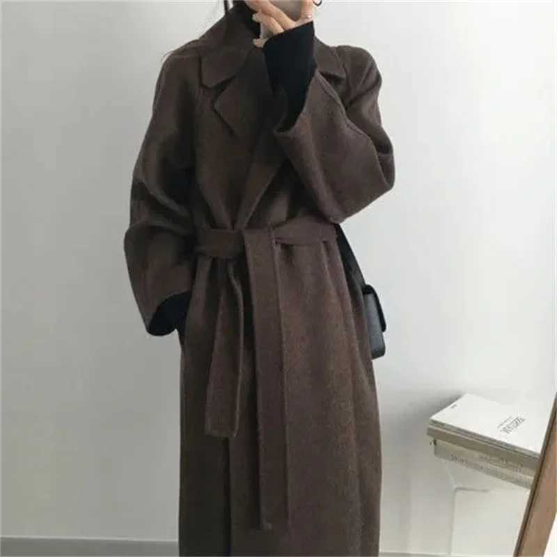 2025 Autumn Winter New Korean Womens Long Oversize Casual Woolen Coat with Chic Thick Warm Lapel Lace-up Pockets Z250813