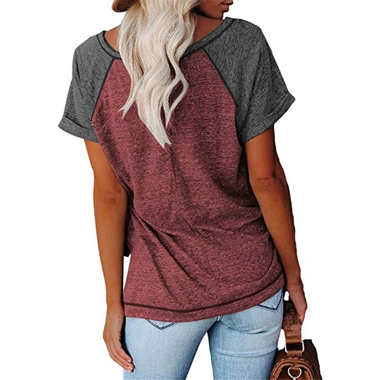 Casual Womens T-Shirt Stylish Patches & Loosely Fitted Sportswear Featuring a V-neck and Buttons