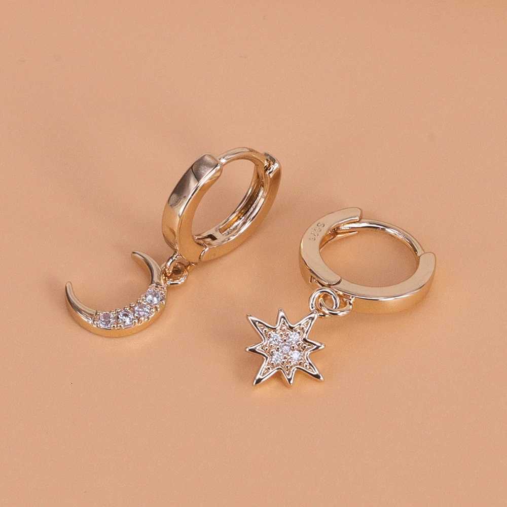 VENTFILLE 925 Sterling Silver CZ Star Moon Asymmetric Hoop Earrings for Women Girls Gold Silver Color Party Jewelry Gifts Y250812