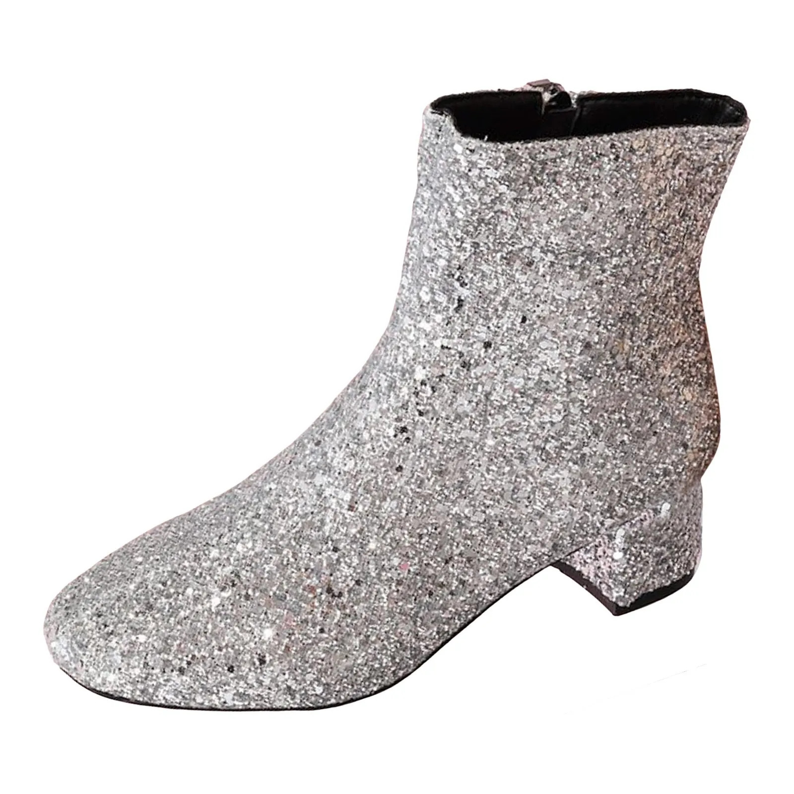 WomenS Trendy Thick Heel Pointed Toe Short Tube Glossy Sequin Ankle Boots With Heels Zipper For Women Fashion Botas Mujer 250812