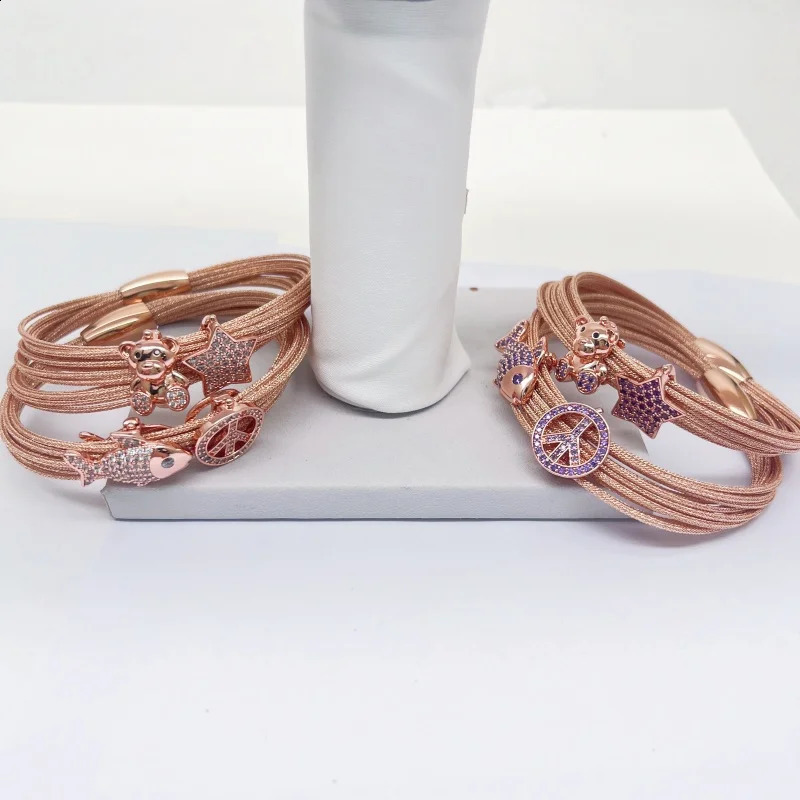 Fashion Womens Multilayer Chain Link Bracelet Woven Rope Bangle with Magnetic Clasp Metal Thread n Bear Fish Charm Jewelry 250812