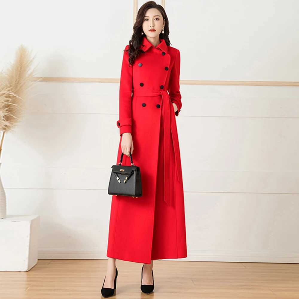 New Women Red Woolen Coat Autumn Winter Fashion Vintage Hepburn Style Double Breasted Belt Slim Long Wool Blends Tops Coat Z250813