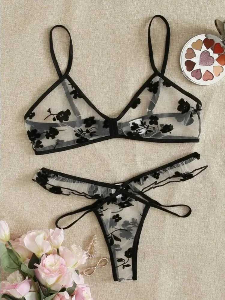 2025 Summer Women Lace Bra Set See-Through Sexy Lingerie Thin Strap Underwear Suit Floral Print Stylish Bralettes XJ250812