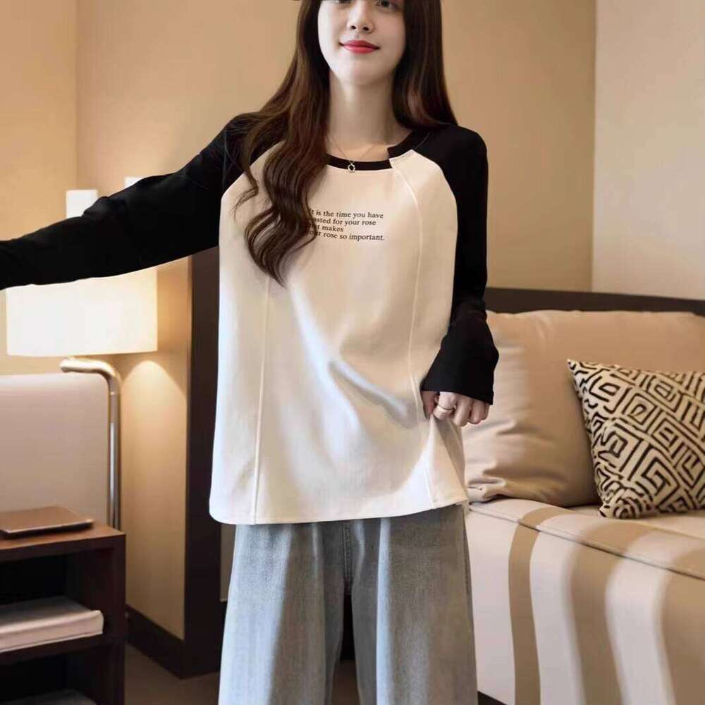 Women's Casual 100% Cotton T-Shirt Spring Autumn Long Sleeve Irregular Collar Loose Fit Color Block Design Anti-Pilling Knitted