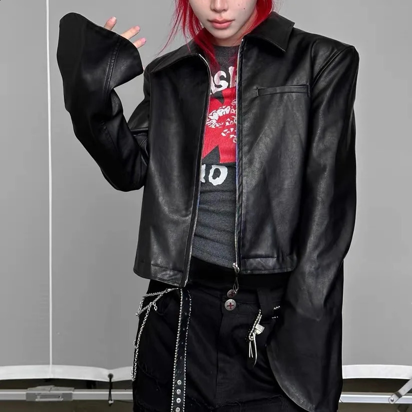 Rock Punk Jacket Printed Rivet Panels Contrast Color Stitching Bell Sleeve Leather Jacket Slim n Jacket 250811