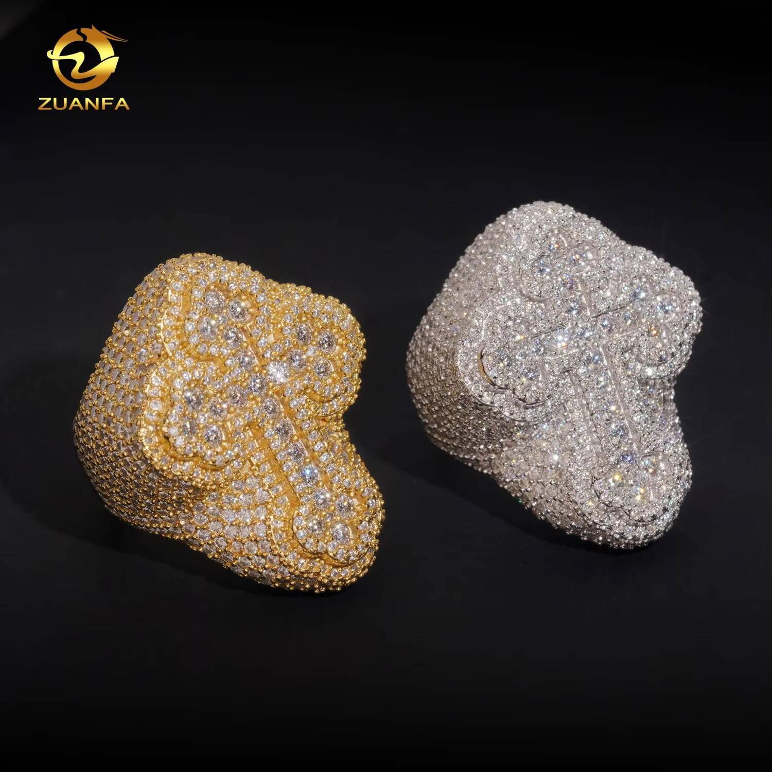 High-Quality Cross Ring Hip-Hop Style Jewelry Ice Crystal VVS Silicon Stone 925 Sterling Silver Silicon Stone Ring