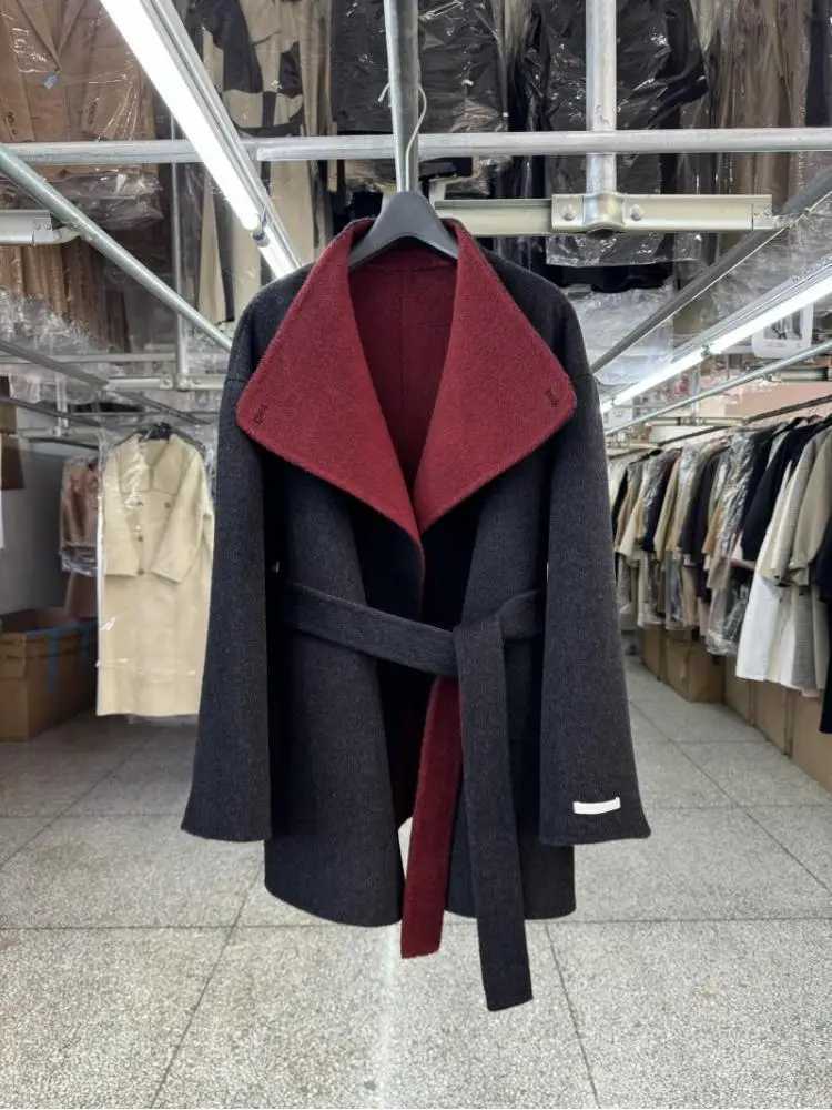 2024 Autumn and Winter Loose Lace-Up Simple Womens Wool Coats with Color-Block Stand Collar Short Office Lady Woolen Jackets Z250813