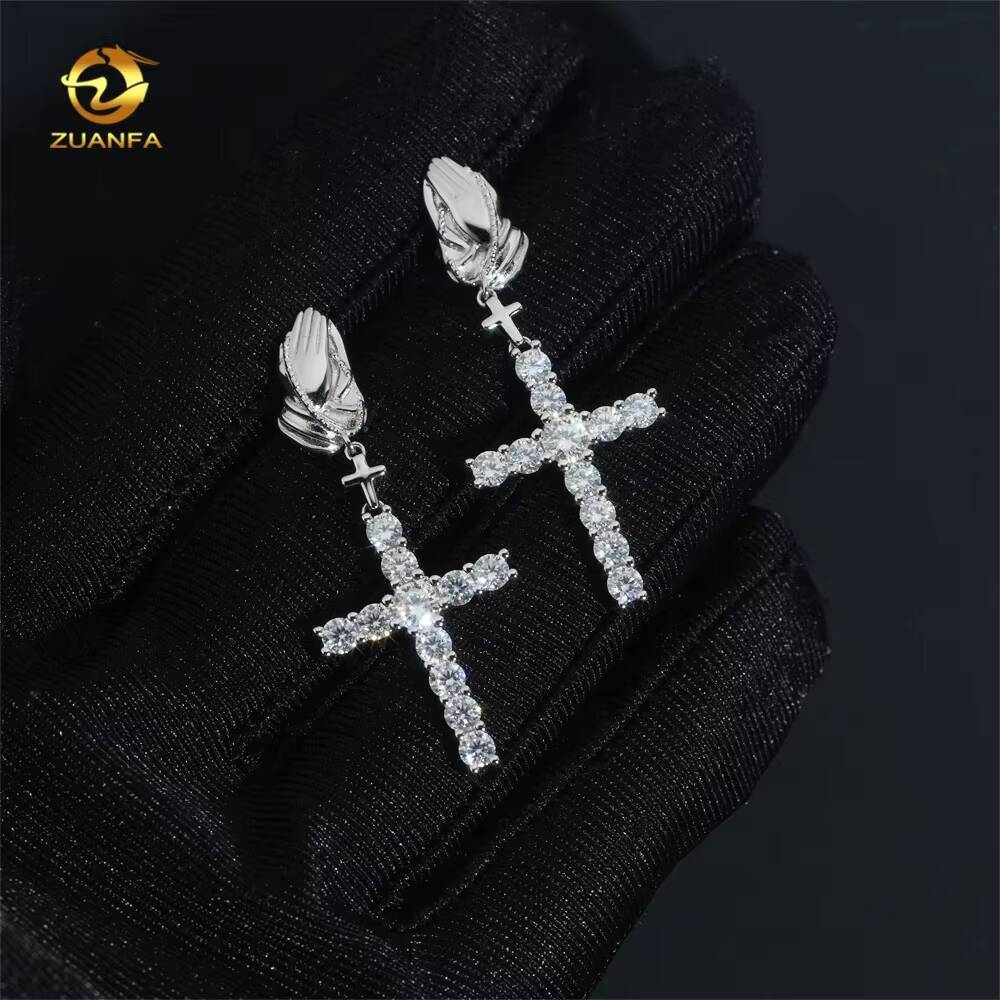 Fashion Hip-Hop Style Iced 925 Silver Applause Drop Cross Moissanite Men's Earrings New Design